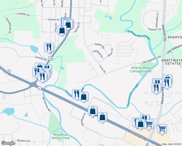 map of restaurants, bars, coffee shops, grocery stores, and more near 1799 Gold Finch Way in Austell