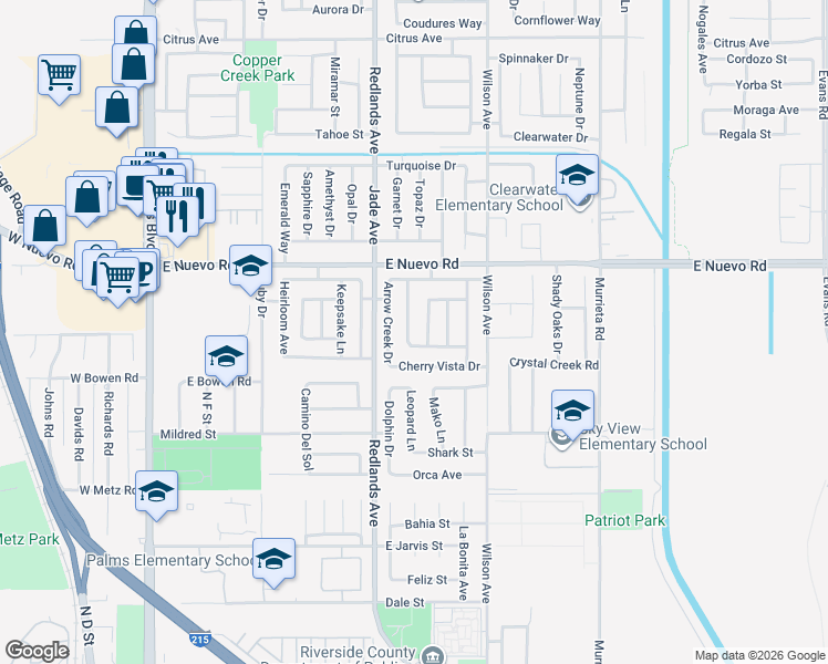 map of restaurants, bars, coffee shops, grocery stores, and more near 1481 Ashbury Way in Perris