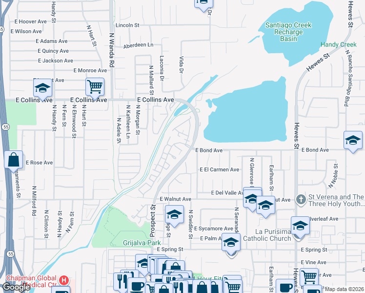 map of restaurants, bars, coffee shops, grocery stores, and more near 3509 East Berkshire Court in Orange