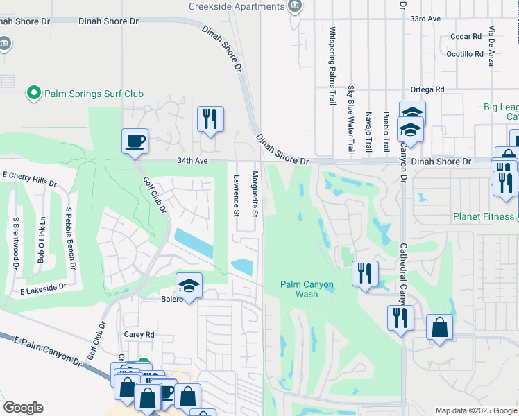 map of restaurants, bars, coffee shops, grocery stores, and more near 2102 Marguerite Street in Palm Springs