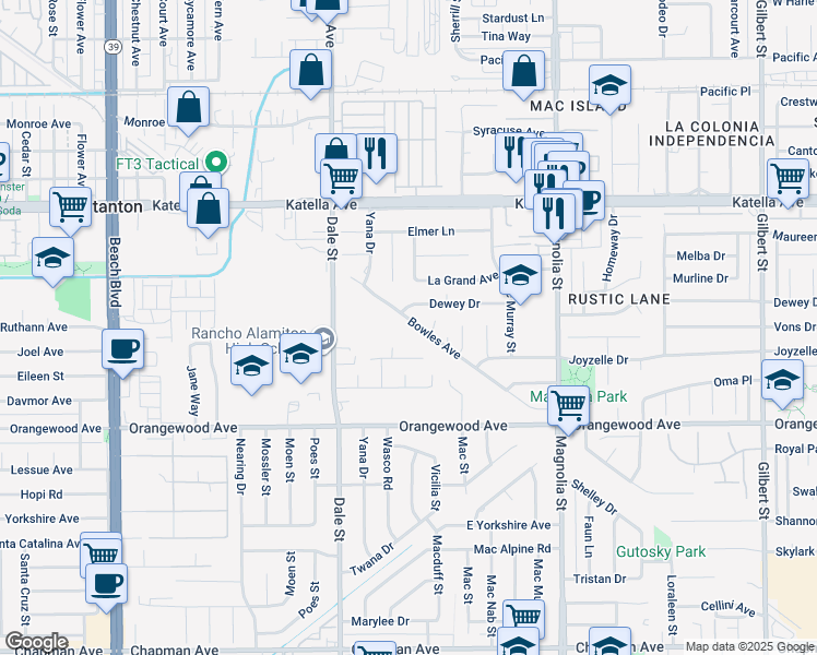 map of restaurants, bars, coffee shops, grocery stores, and more near 11251 Bowles Avenue in Garden Grove