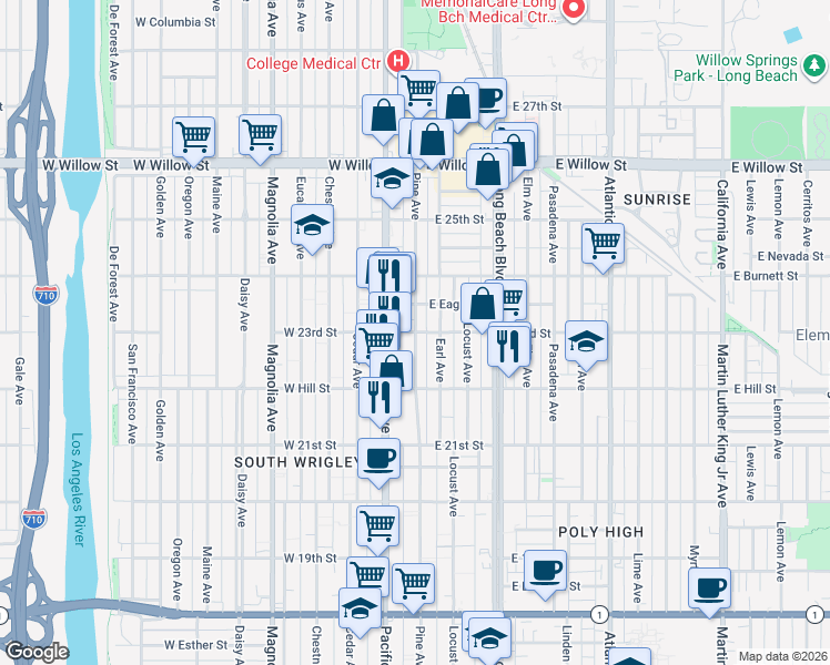 map of restaurants, bars, coffee shops, grocery stores, and more near 2 23rd Street in Long Beach