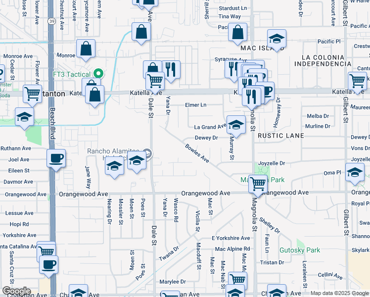 map of restaurants, bars, coffee shops, grocery stores, and more near 11251 Bowles Avenue in Garden Grove