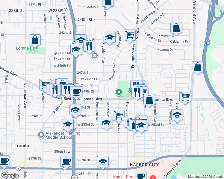 map of restaurants, bars, coffee shops, grocery stores, and more near 1411 Lomita Boulevard in Los Angeles