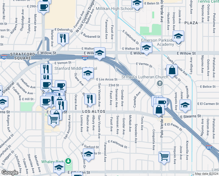 map of restaurants, bars, coffee shops, grocery stores, and more near 2281 Faust Avenue in Long Beach