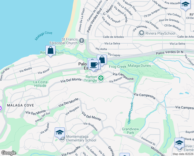 map of restaurants, bars, coffee shops, grocery stores, and more near 2404 Vía Campesina in Palos Verdes Estates
