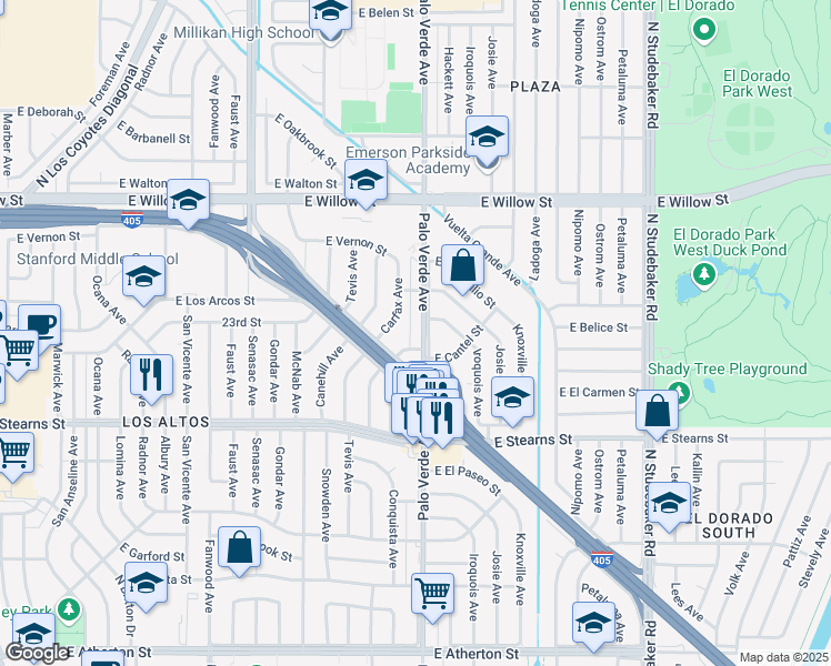 map of restaurants, bars, coffee shops, grocery stores, and more near 2285 Palo Verde Avenue in Long Beach