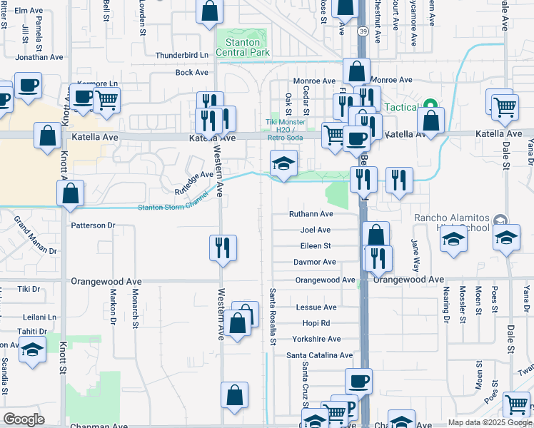 map of restaurants, bars, coffee shops, grocery stores, and more near 11221 Santa Rosalia Street in Stanton