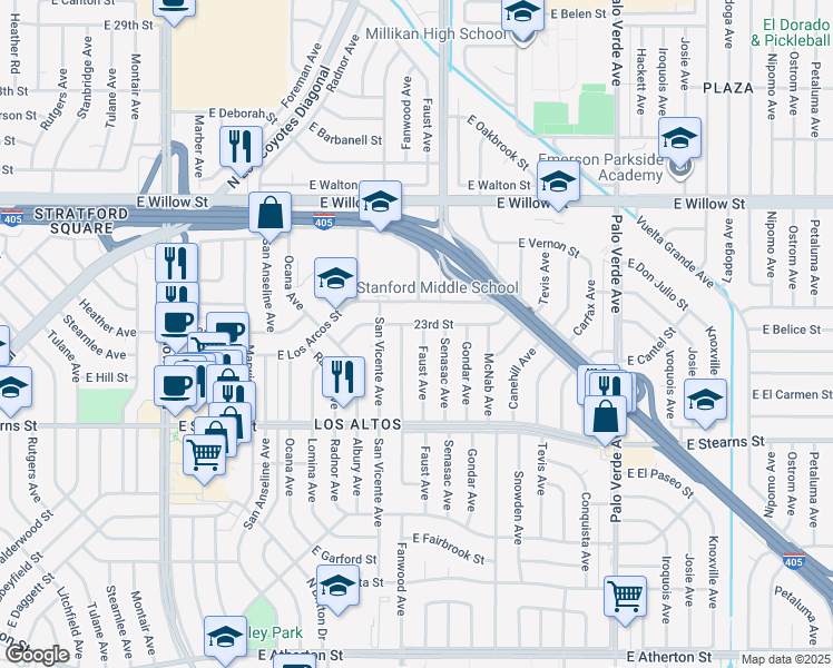 map of restaurants, bars, coffee shops, grocery stores, and more near 2281 Faust Avenue in Long Beach
