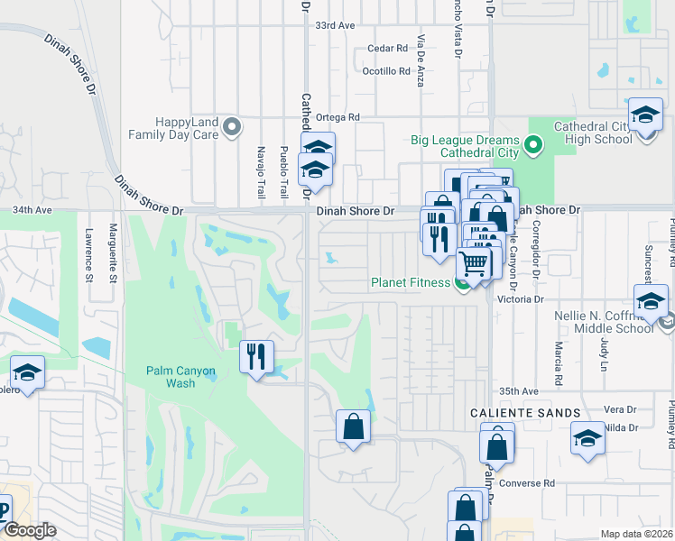 map of restaurants, bars, coffee shops, grocery stores, and more near 191 Shepard Drive in Cathedral City