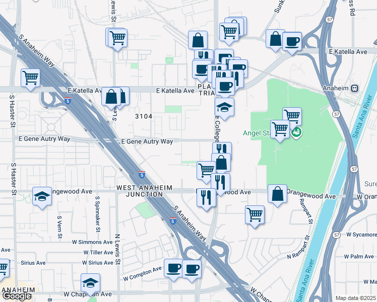 map of restaurants, bars, coffee shops, grocery stores, and more near 1910 Union Street in Anaheim