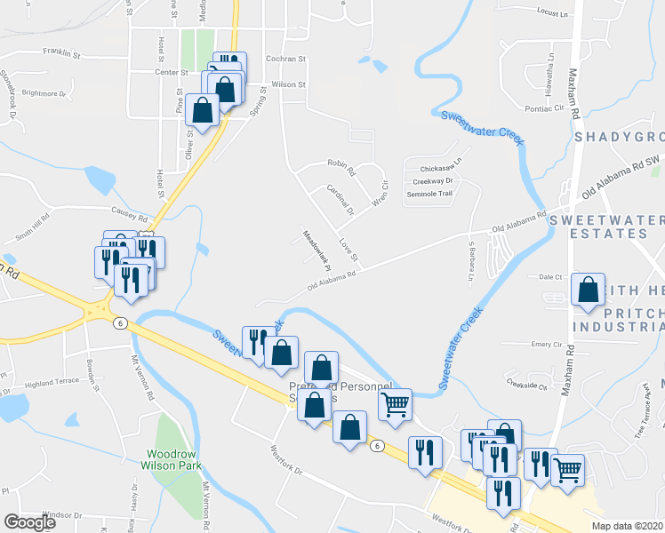 map of restaurants, bars, coffee shops, grocery stores, and more near 212 Meadowlark Place in Austell
