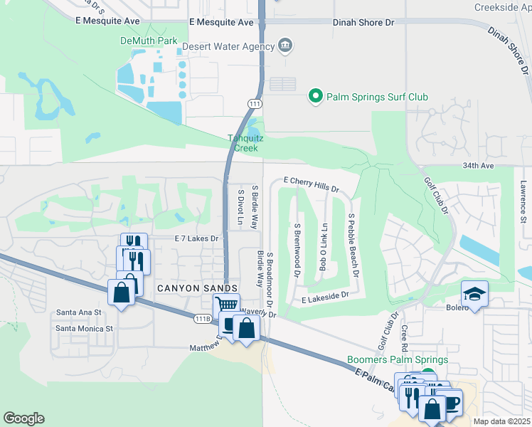 map of restaurants, bars, coffee shops, grocery stores, and more near 2063 South Broadmoor Drive in Palm Springs
