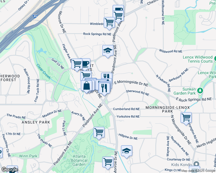 map of restaurants, bars, coffee shops, grocery stores, and more near 1624 Piedmont Avenue Northeast in Atlanta