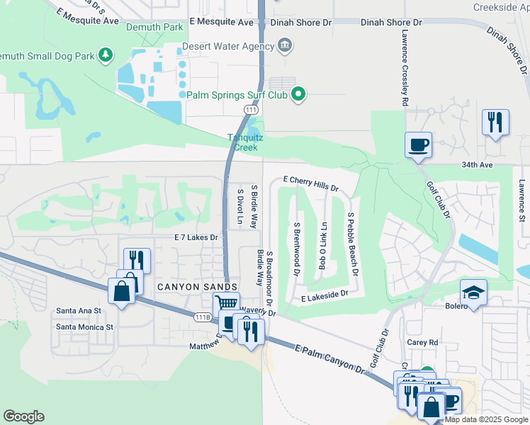 map of restaurants, bars, coffee shops, grocery stores, and more near 2063 South Broadmoor Drive in Palm Springs