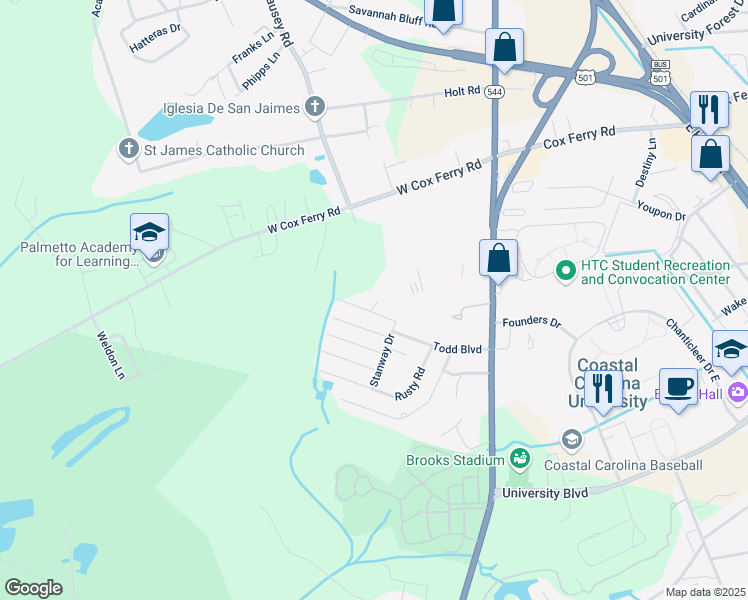 map of restaurants, bars, coffee shops, grocery stores, and more near 617 McKinley Way in Conway