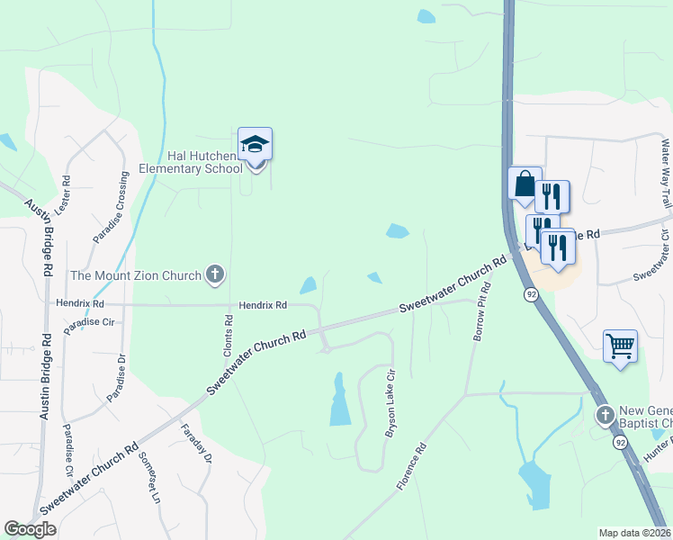 map of restaurants, bars, coffee shops, grocery stores, and more near 48 Hendrix Road in Douglasville