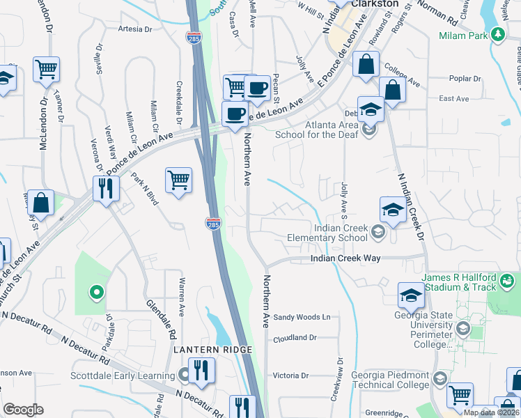 map of restaurants, bars, coffee shops, grocery stores, and more near 767 Northern Avenue in Clarkston