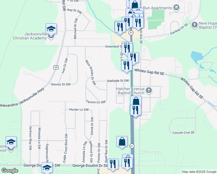 map of restaurants, bars, coffee shops, grocery stores, and more near 210 Adelaide Street Southwest in Jacksonville