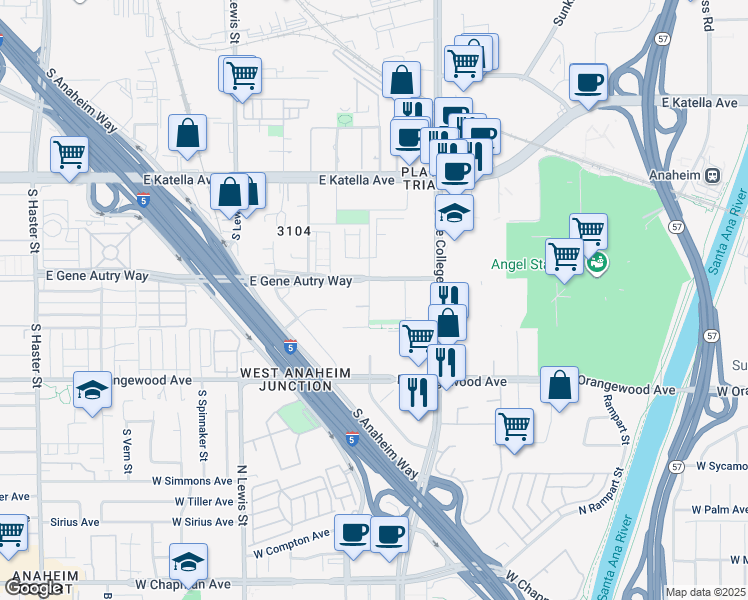 map of restaurants, bars, coffee shops, grocery stores, and more near 1910 Union Street in Anaheim
