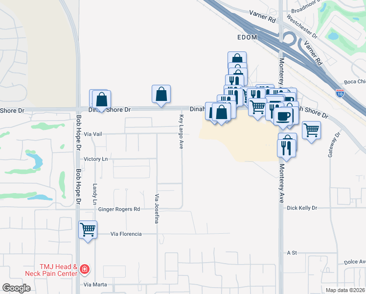 map of restaurants, bars, coffee shops, grocery stores, and more near 34100 Key Largo Avenue in Rancho Mirage
