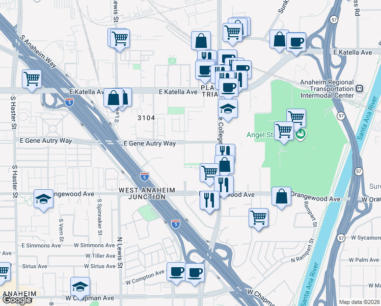 map of restaurants, bars, coffee shops, grocery stores, and more near 1910 Union Street in Anaheim