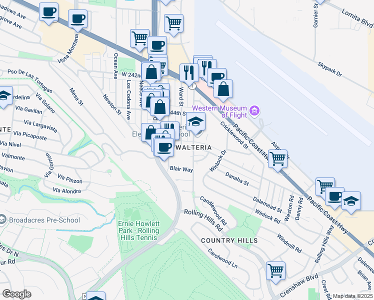 map of restaurants, bars, coffee shops, grocery stores, and more near 3627 Newton Street in Torrance