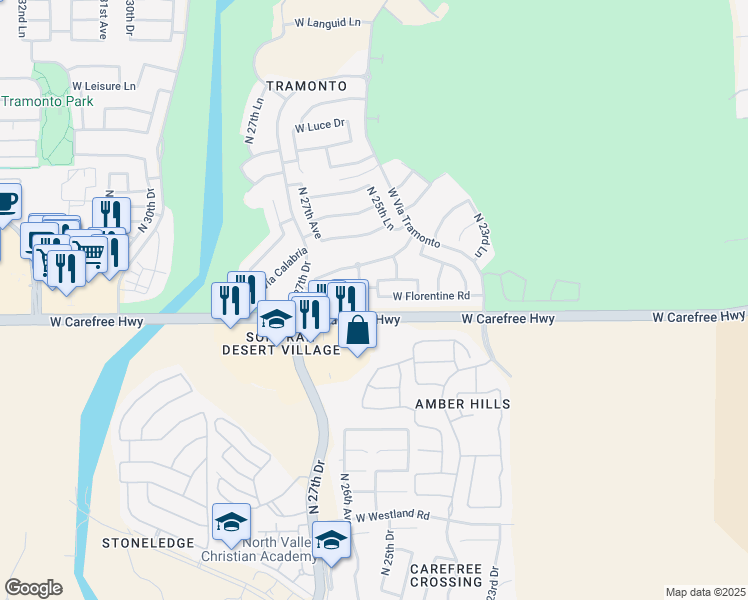 map of restaurants, bars, coffee shops, grocery stores, and more near 2543 West Old Paint Trail in Phoenix