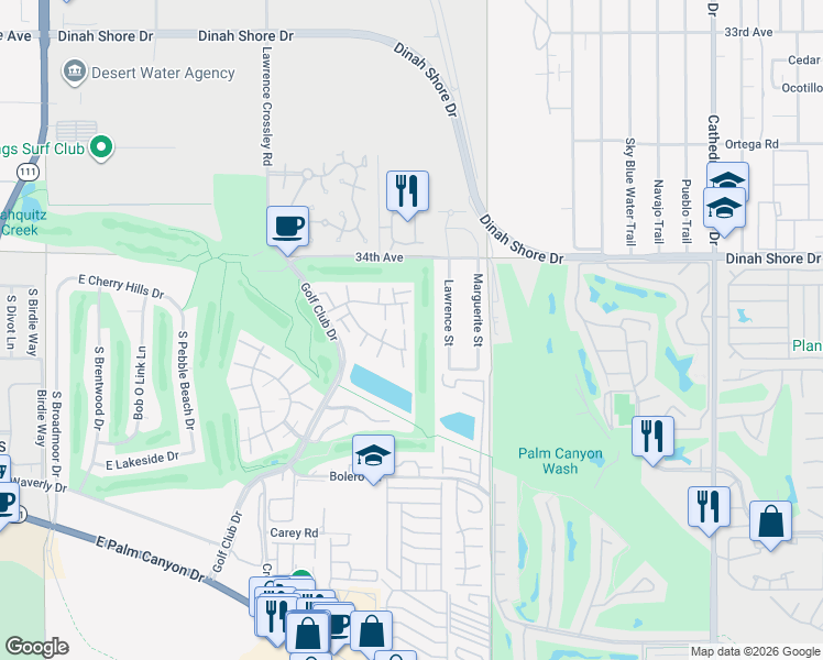 map of restaurants, bars, coffee shops, grocery stores, and more near 1995 Lawrence Street in Palm Springs