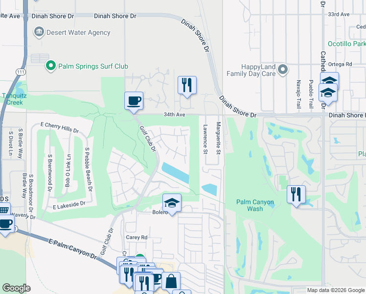 map of restaurants, bars, coffee shops, grocery stores, and more near 6105 Montecito Drive in Palm Springs