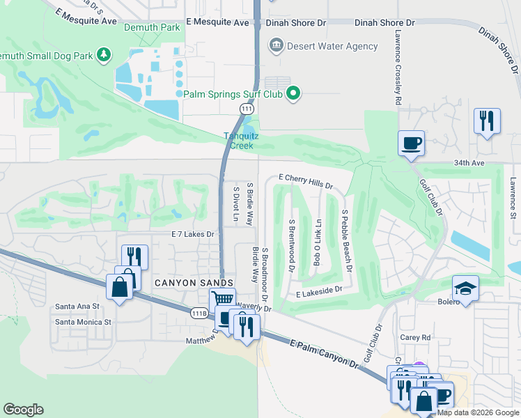 map of restaurants, bars, coffee shops, grocery stores, and more near 1986 South Birdie Way in Palm Springs