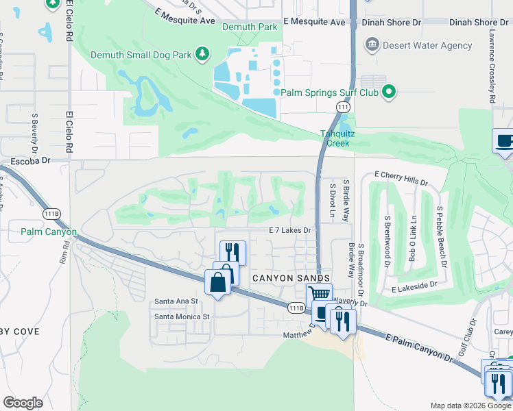 map of restaurants, bars, coffee shops, grocery stores, and more near 80 Lakeview Drive in Palm Springs