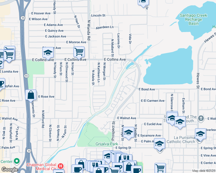 map of restaurants, bars, coffee shops, grocery stores, and more near 740 North Mallard Street in Orange