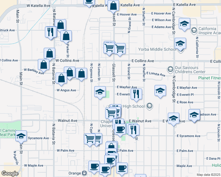 map of restaurants, bars, coffee shops, grocery stores, and more near 736 North Glassell Street in Orange