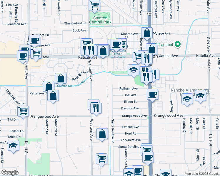 map of restaurants, bars, coffee shops, grocery stores, and more near 11221 Santa Rosalia Street in Stanton