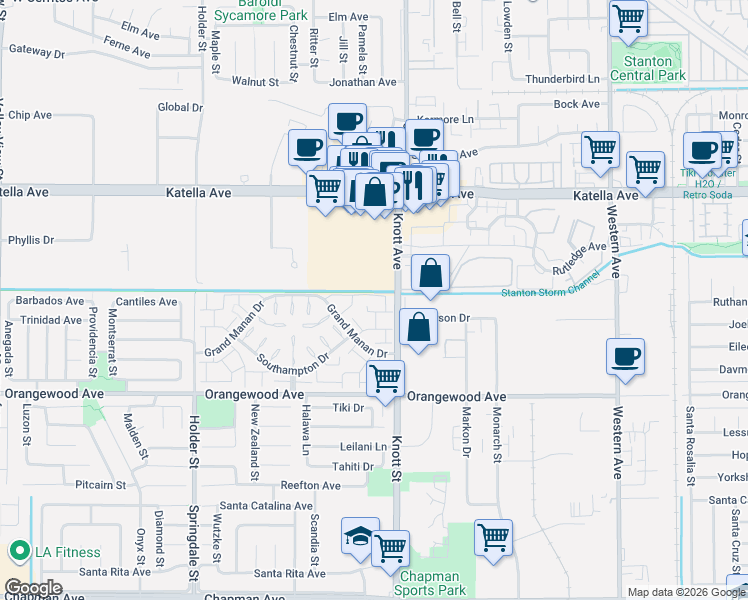 map of restaurants, bars, coffee shops, grocery stores, and more near 11205 Knott Avenue in Cypress