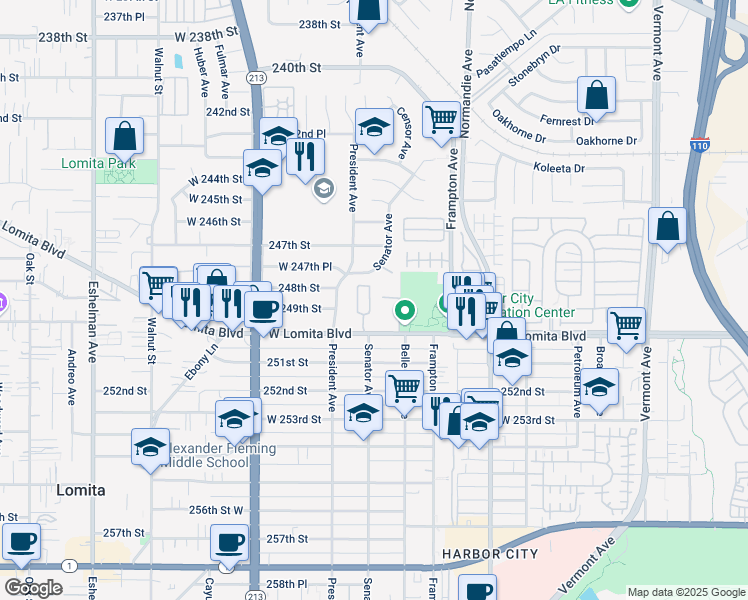map of restaurants, bars, coffee shops, grocery stores, and more near 1411 Lomita Boulevard in Los Angeles