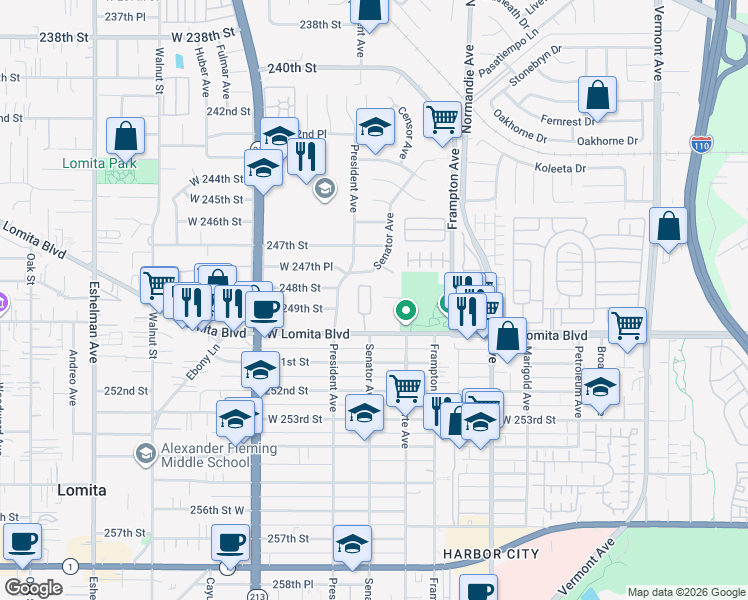 map of restaurants, bars, coffee shops, grocery stores, and more near 1411 Lomita Boulevard in Los Angeles