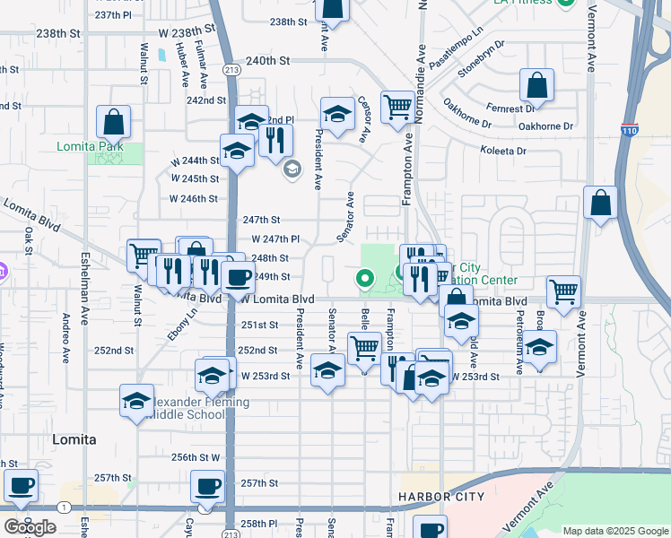 map of restaurants, bars, coffee shops, grocery stores, and more near 1411 Lomita Boulevard in Los Angeles