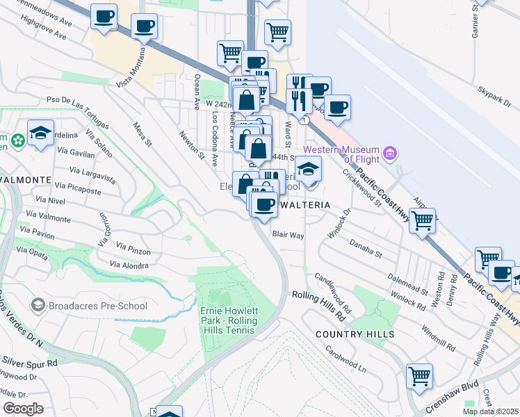 map of restaurants, bars, coffee shops, grocery stores, and more near 3711 Newton Street in Torrance