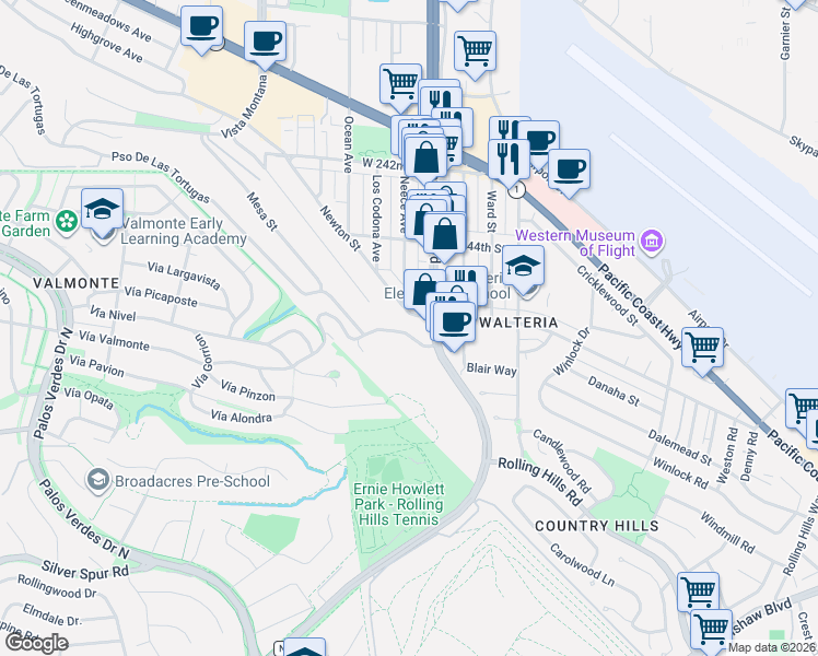 map of restaurants, bars, coffee shops, grocery stores, and more near 24467 Hawthorne Boulevard in Torrance