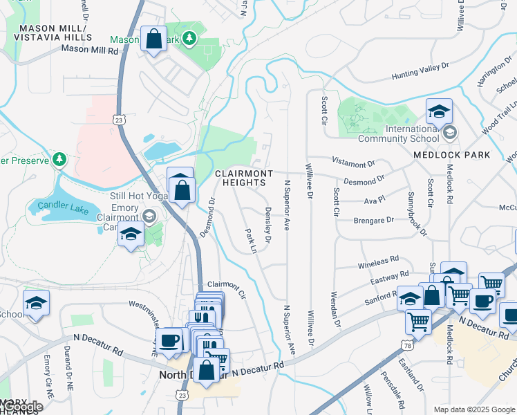 map of restaurants, bars, coffee shops, grocery stores, and more near 767 Densley Drive in Decatur
