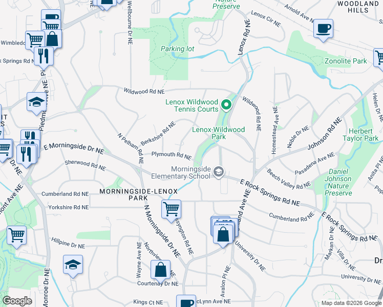 map of restaurants, bars, coffee shops, grocery stores, and more near 1620 West Sussex Road Northeast in Atlanta