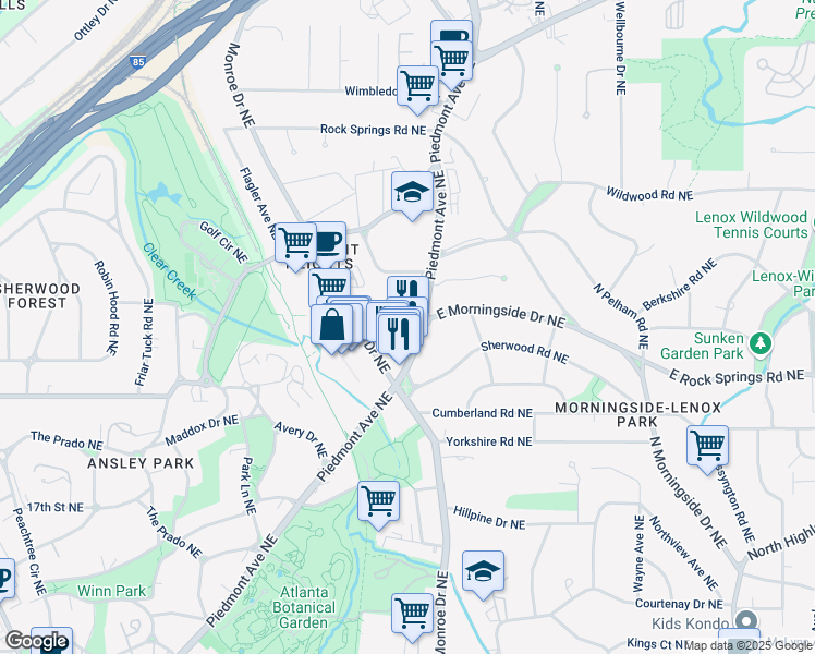 map of restaurants, bars, coffee shops, grocery stores, and more near 1624 Piedmont Avenue Northeast in Atlanta
