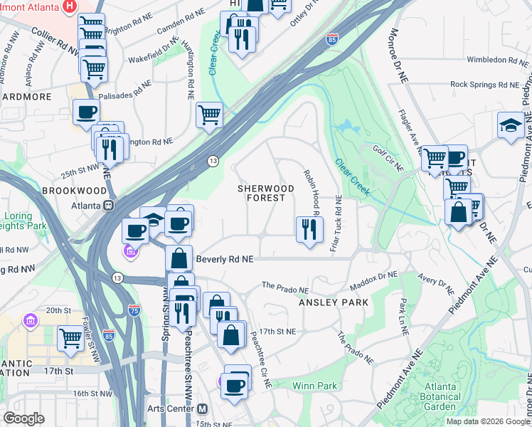 map of restaurants, bars, coffee shops, grocery stores, and more near in Atlanta