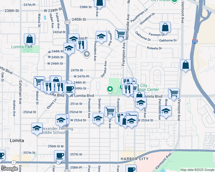 map of restaurants, bars, coffee shops, grocery stores, and more near 1401 Lomita Boulevard in Los Angeles