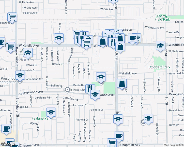 map of restaurants, bars, coffee shops, grocery stores, and more near 11301 Euclid Street in Garden Grove
