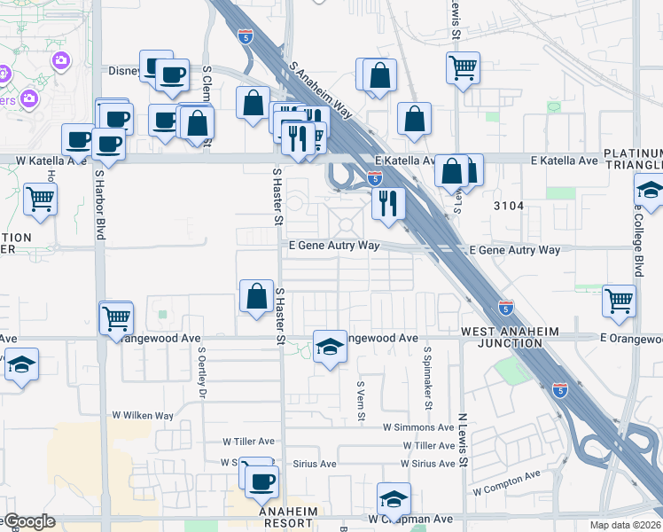 map of restaurants, bars, coffee shops, grocery stores, and more near 206 East Wakefield Avenue in Anaheim