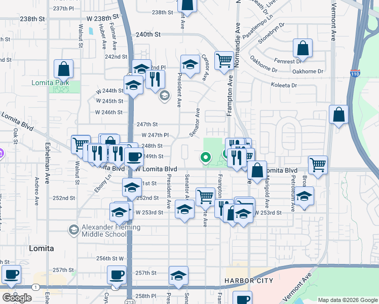 map of restaurants, bars, coffee shops, grocery stores, and more near 1411 Lomita Boulevard in Los Angeles