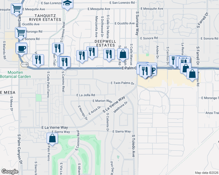 map of restaurants, bars, coffee shops, grocery stores, and more near 1834 Vía Aguila in Palm Springs